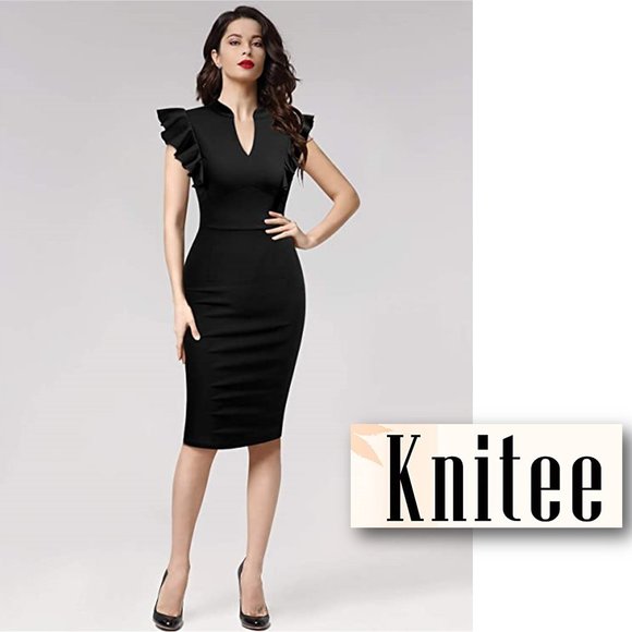 KNITEE Black Ruffle Sleeve V-Neck Bodycon Pencil Dress   🍸  NEW!! - Picture 1 of 9